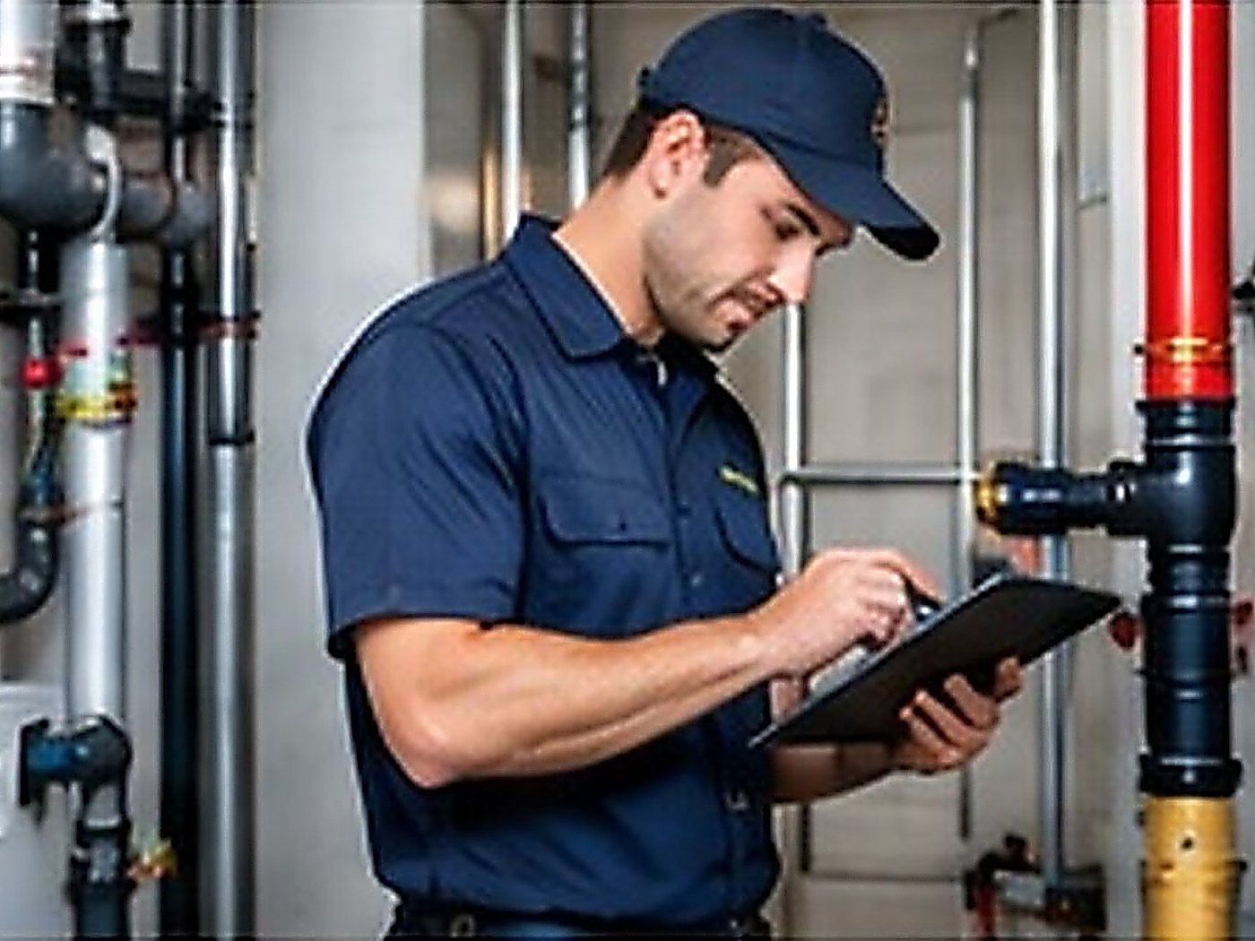 Technician checking building systems with a tablet